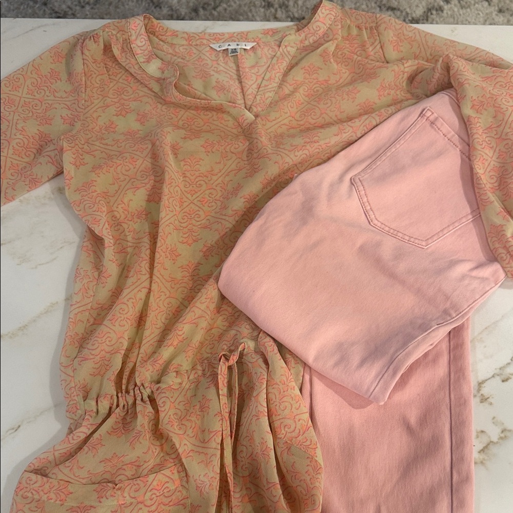 Pink and beige Print Drawstring Waist Tunic with Pink Jeans. Both Cabi